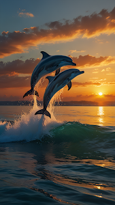 Majestic Dolphins Jumping Over Wave at Golden Ocean Sunset