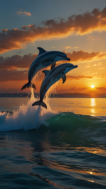 Majestic Dolphins Jumping Over Wave at Golden Ocean Sunset - Free mobile Wallpaper