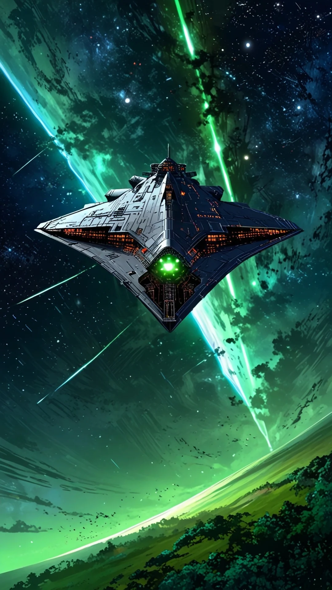Futuristic starship hovers above glowing green alien planet - Free 4K mobile Wallpaper
