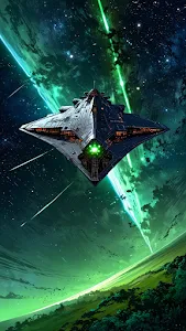 Futuristic starship hovers above glowing green alien planet