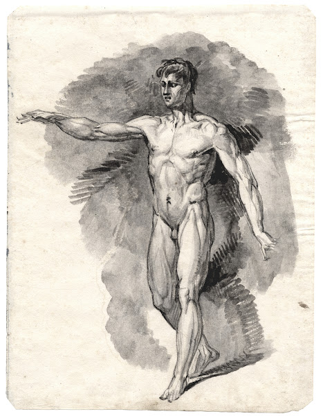 Gaande mannelijke naaktfiguur met geheven arm