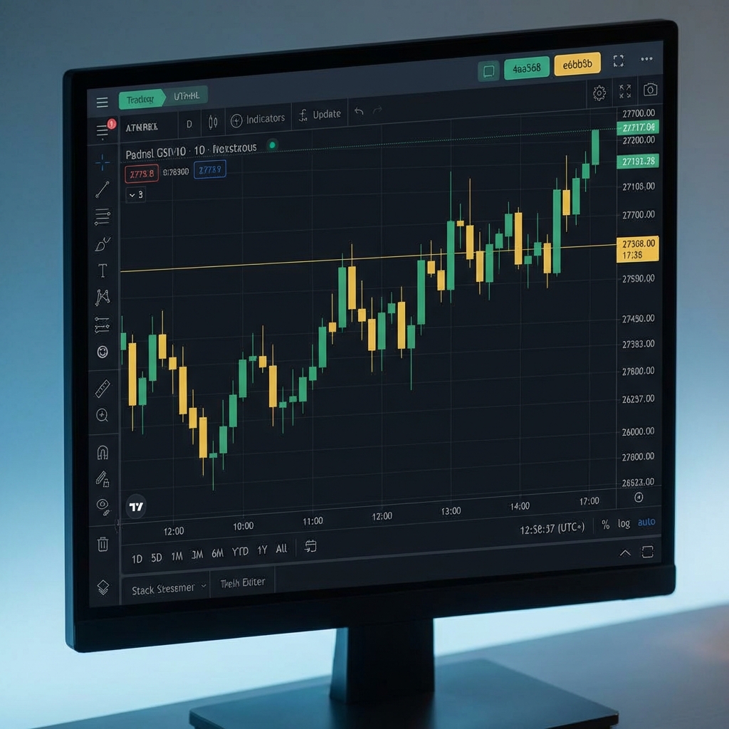 Full frame close up of a crypto trading chart on a dark monitor showing green and yellow candlesticks with subtle green 4aa568 and gold e6bb5b brand accents