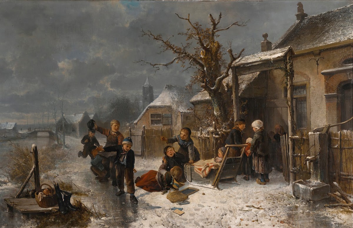 Children Playing By A Canal In Winter