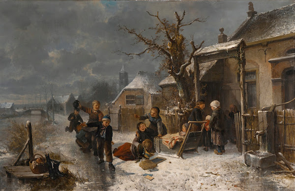 Children Playing By A Canal In Winter