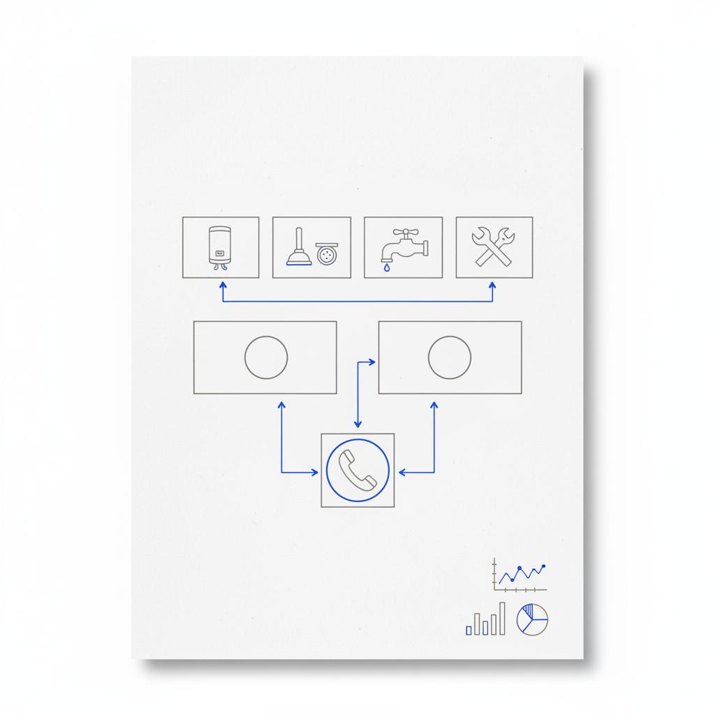 Notebook-style sketch of plumbing service page wireframes with icons (water heater, plunger, faucet), blue arrows and a small analytics chart &mdash; plumbing marketing ideas