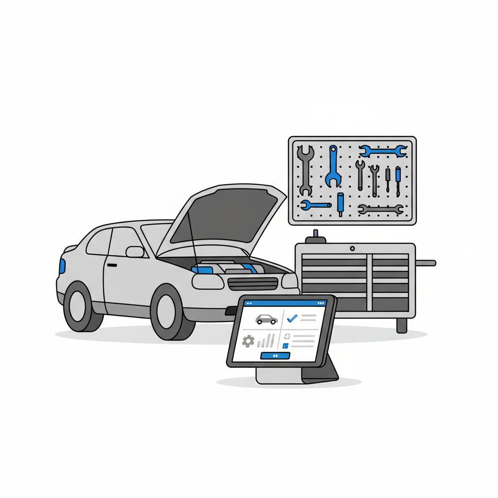 Minimalist 2D vector garage with an open hood car and a tablet showing a vehicle history UI accented 3666ed illustrating how much my car is worth