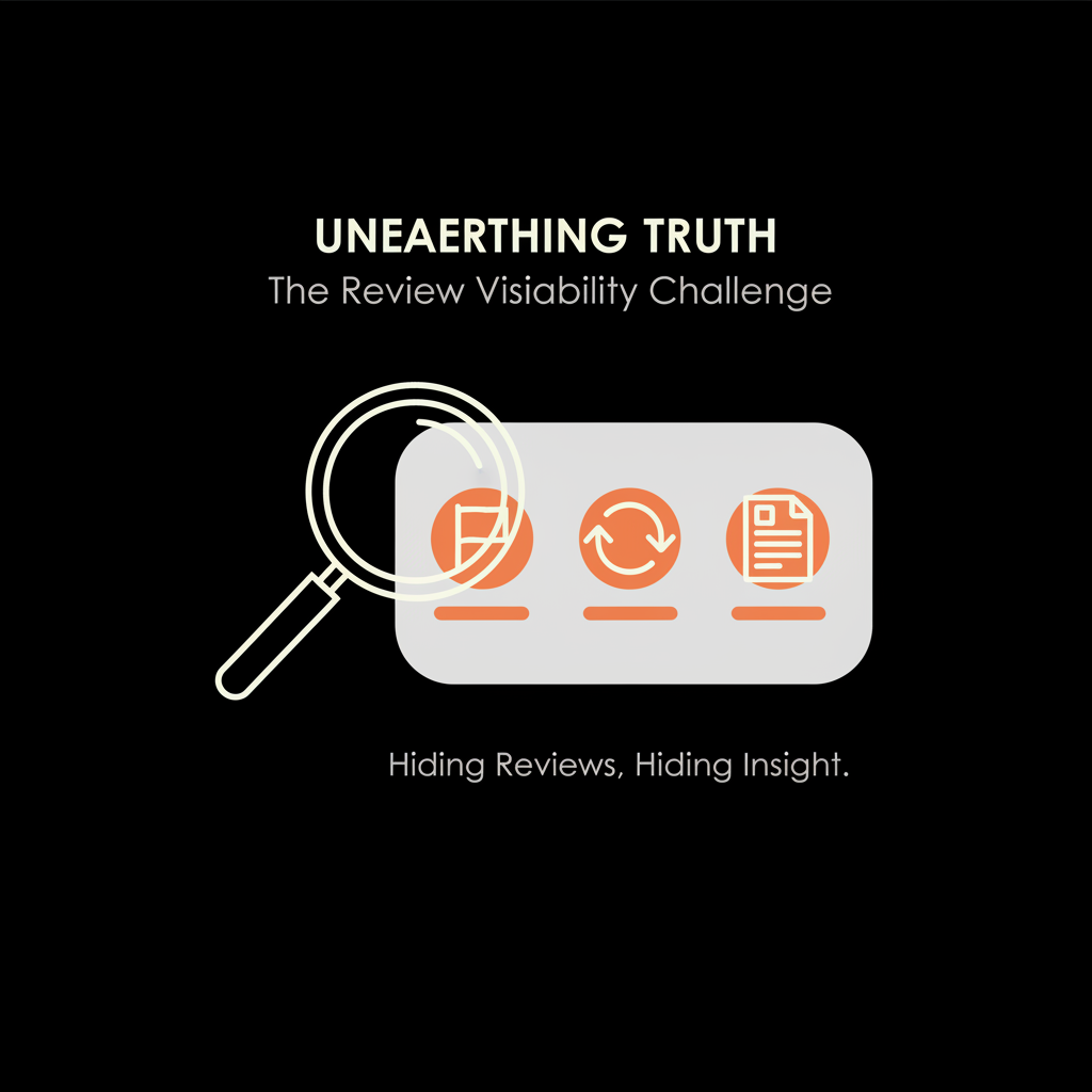 Minimal vector infographic of a magnifying glass examining a review card with report, reply, and evidence icons on a black background, conceptual image to hide Google reviews.