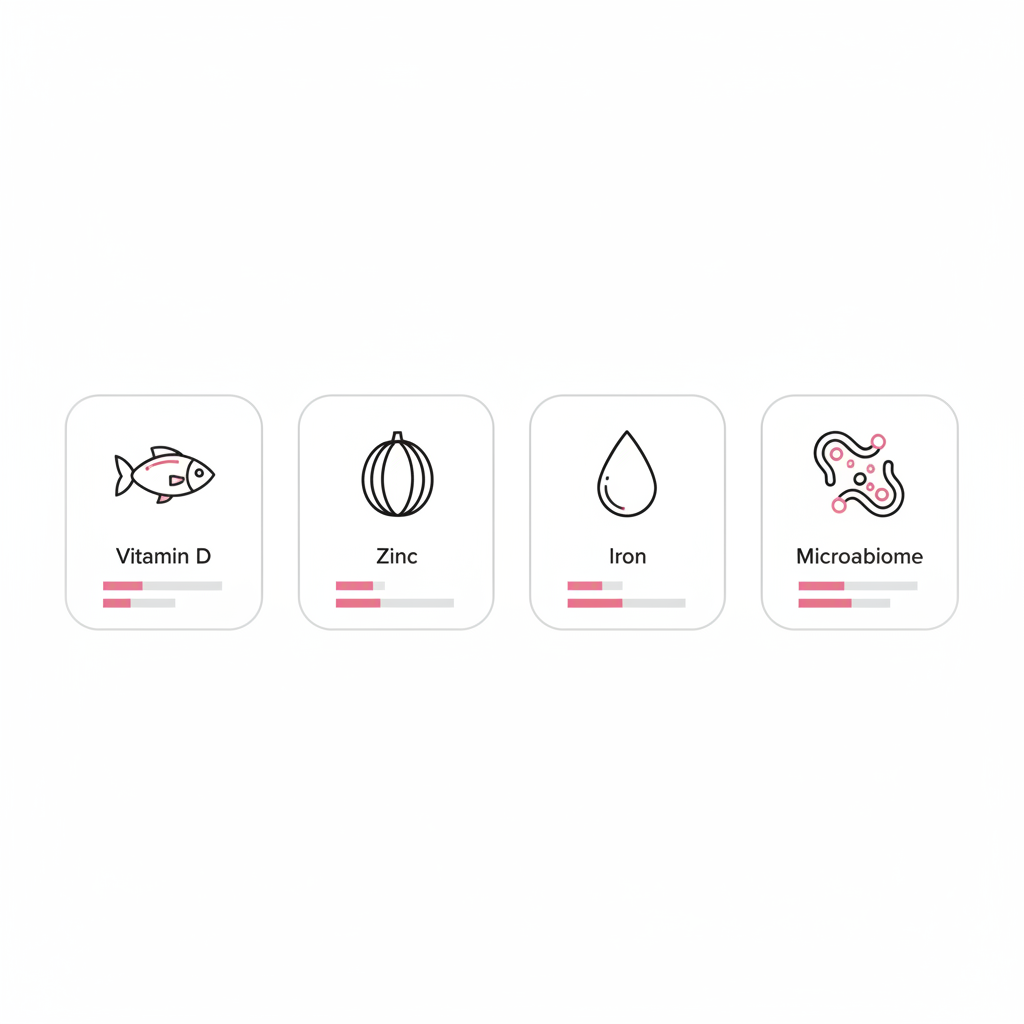 Minimalistische Vektor-Infografik zu Nährstoffmangel bei Pilzinfektion mit Icons für Vitamin D (Fisch), Zink (Kürbiskern), Eisen (Blutstropfen) und Mikrobiom (Darmflora).