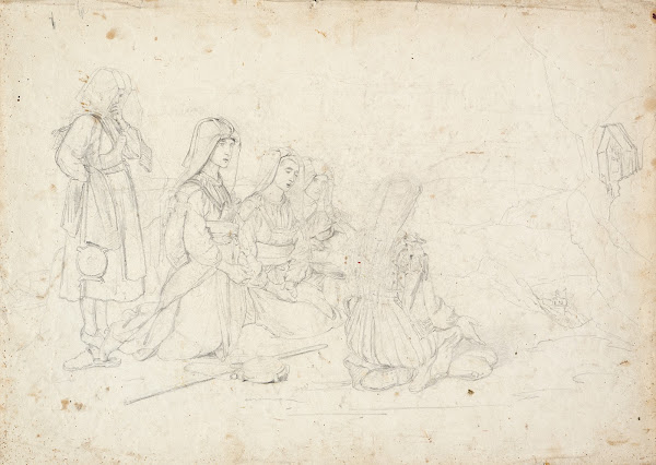 Italian peasants at prayer in front of a wayside shrine before 1834