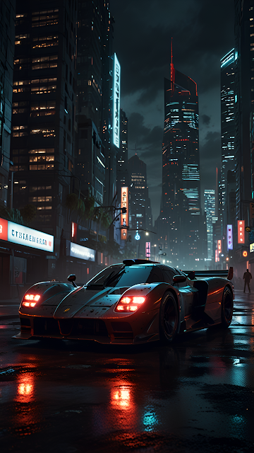 Sleek Sports Car on Rainy Neon City Street at Night