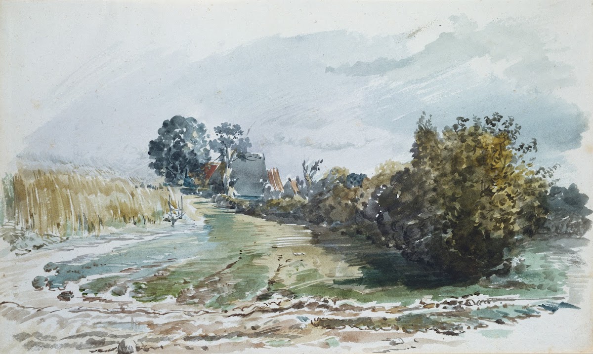 Weg zwischen Kornfeld und Sträuchern mit Katen im Hintergrund ca 1875  1880