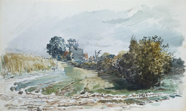 Weg zwischen Kornfeld und Sträuchern mit Katen im Hintergrund ca 1875  1880