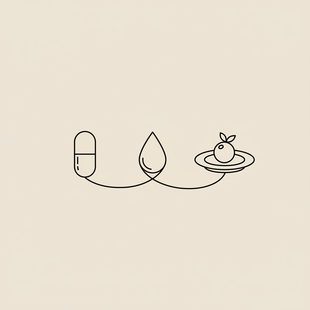 Minimalist vector line illustration of a capsule, water droplet, and plate with a berry on beige background representing fat burning supplements and weight management