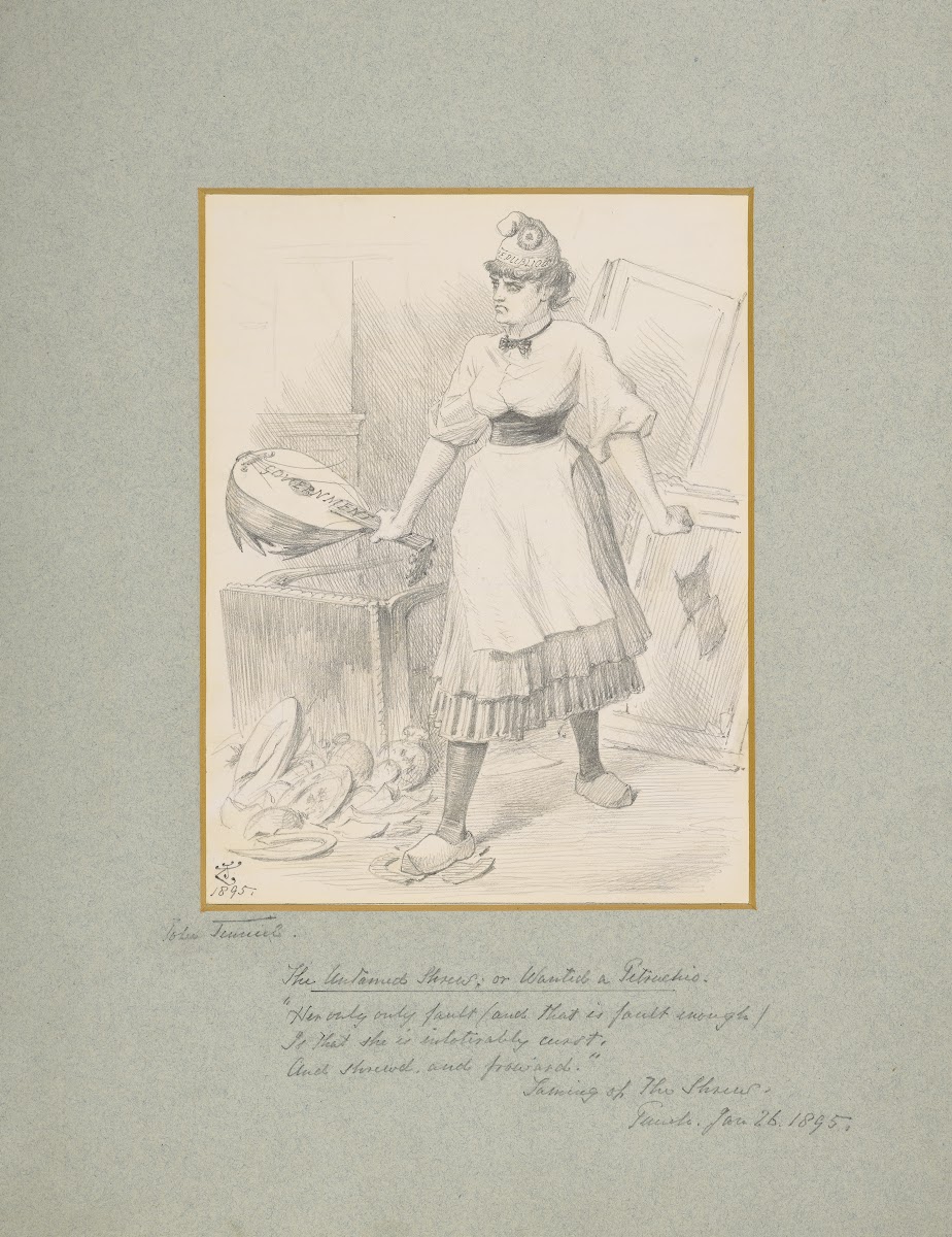 Political cartoon of Katherina from Shakespeares Taming of the shrew 1895