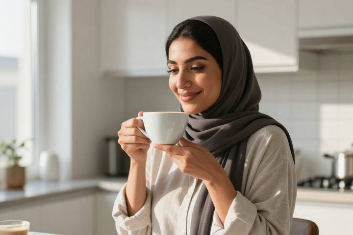امرأة تشرب القهوة في الصباح