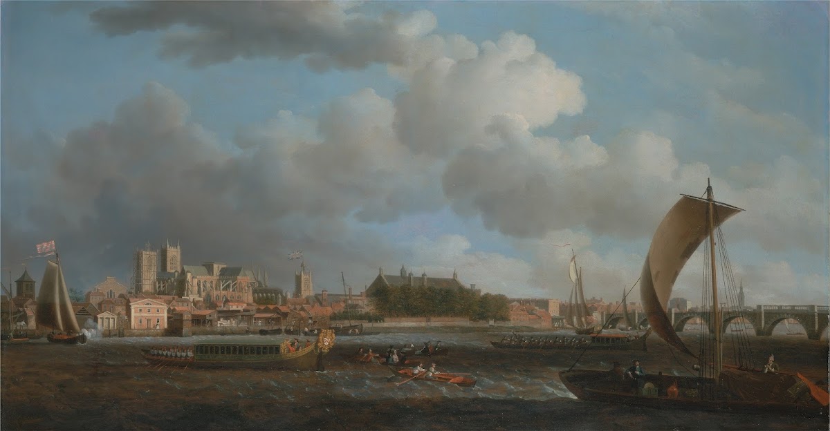 Westminster from Lambeth with the Ceremonial Barge of the Ironmongers Company ca