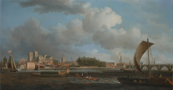 Westminster from Lambeth with the Ceremonial Barge of the Ironmongers Company ca