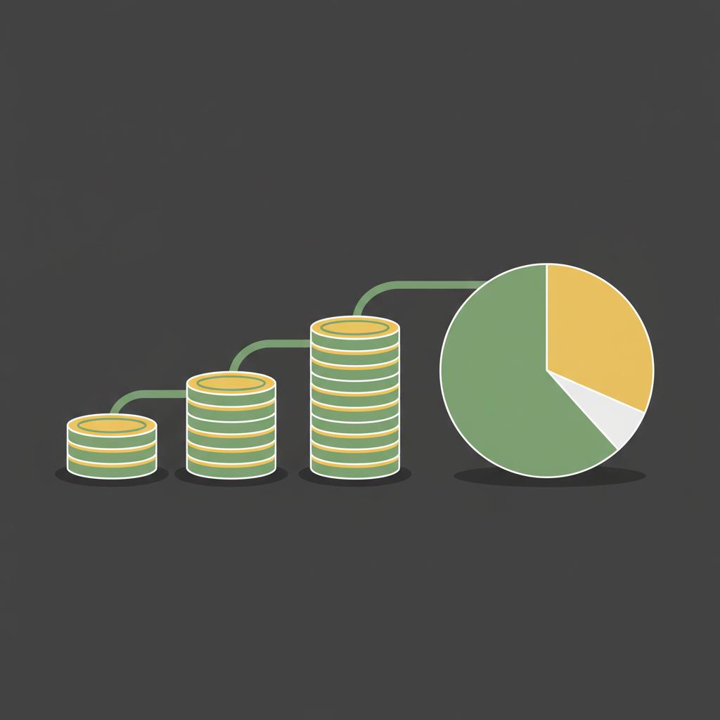 Minimalist 2D vector of stacked coin piles progressing into a diversified portfolio pie chart representing monthly contributions how to start an index fund