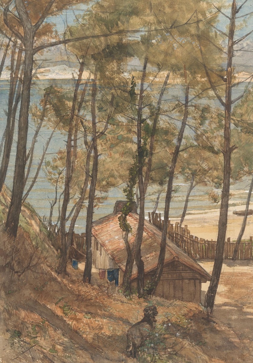 Gezicht vanaf een heuvel op een huisje aan de golf van Arcachon 1876