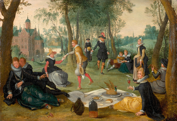 Elegant company having lunch in a landscape