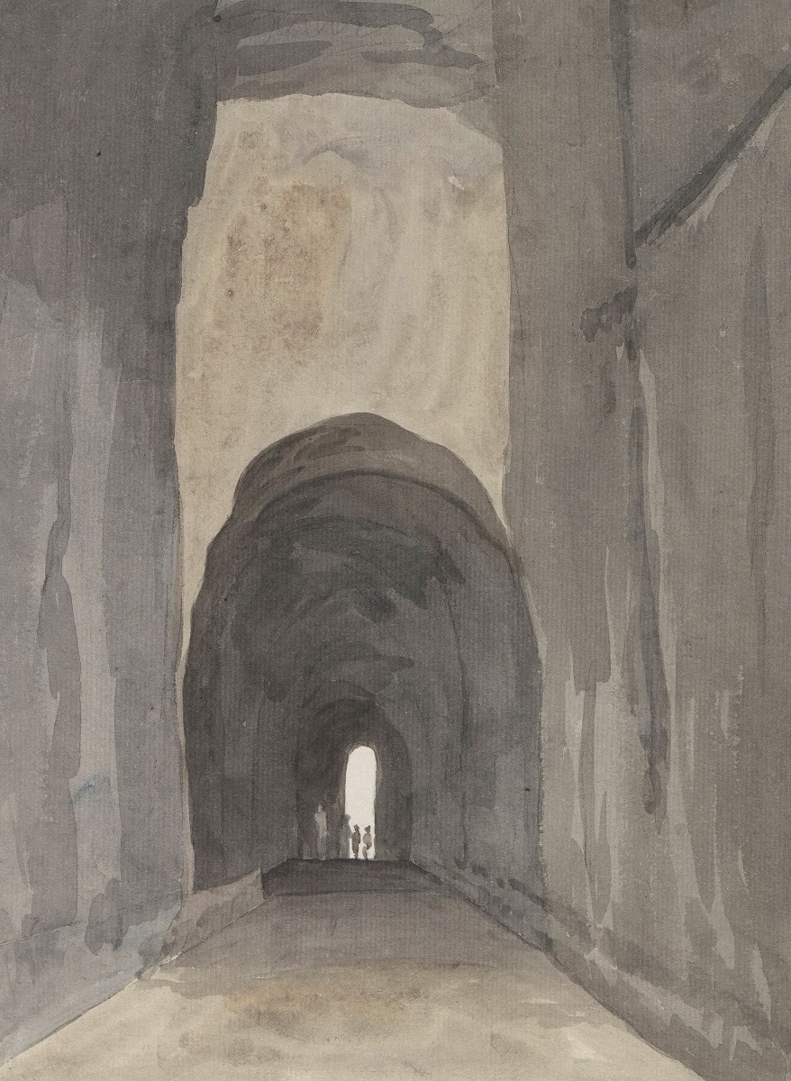 Ingang van grot Crypta Neapolitana of Grotta di Posillipo aan de kust van Pozzuo