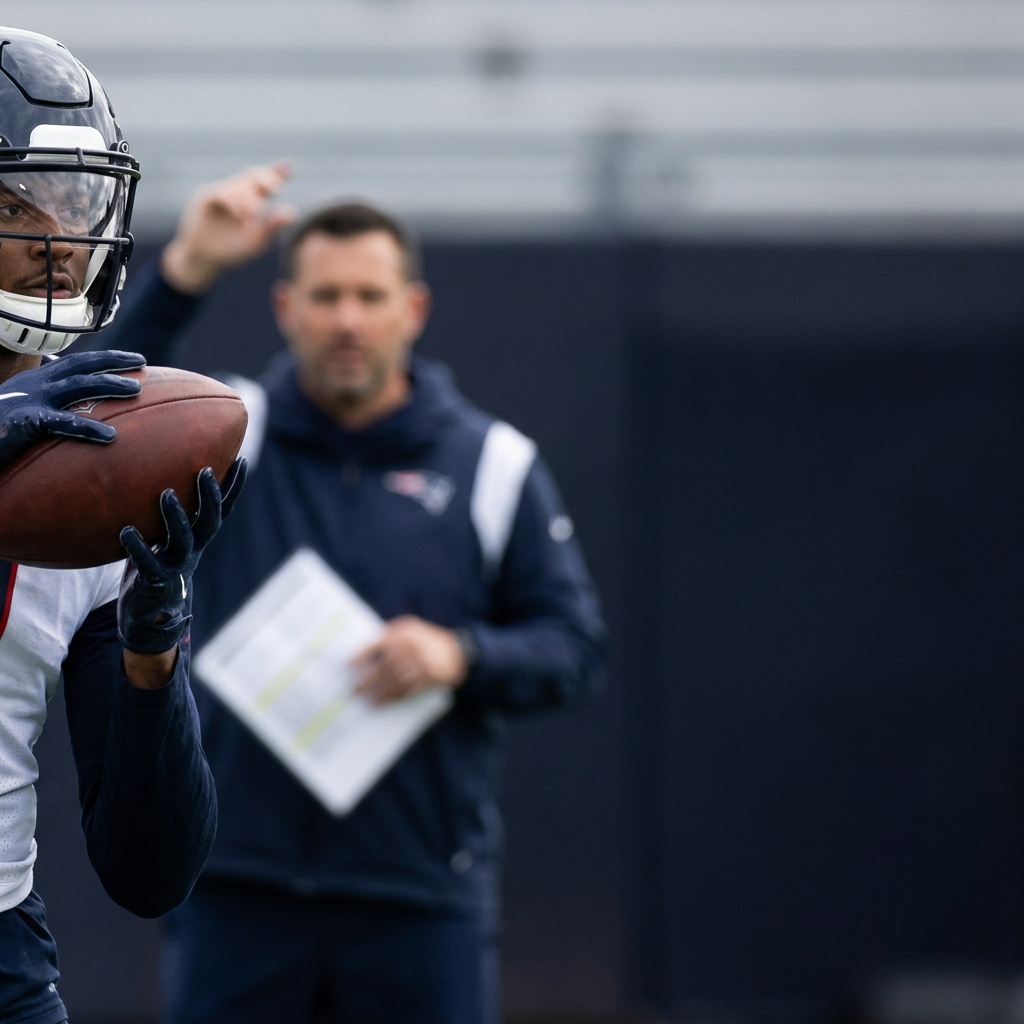 Close up of a receiver making a secure catch with eyes on the ball while coach signals nearby minimalist training scene for american football tips