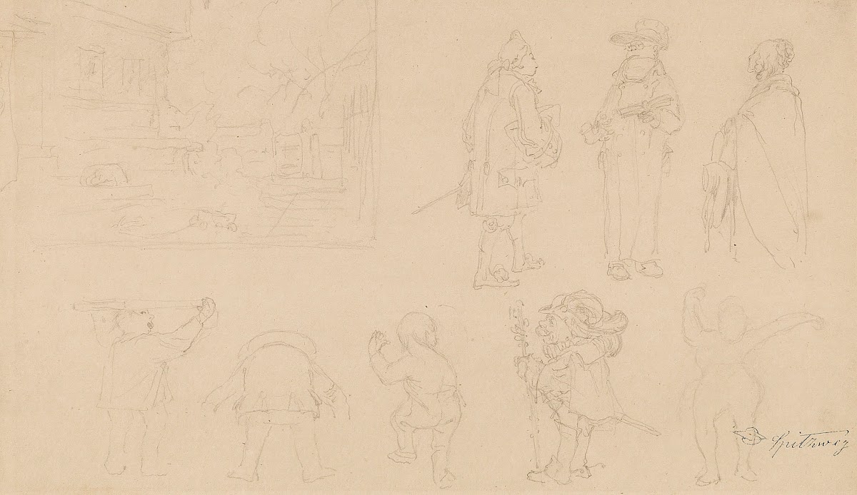 Skizzenblatt mit 8 Figurenskizzen darunter Gnome sowie Gartenkomposition mit Tor