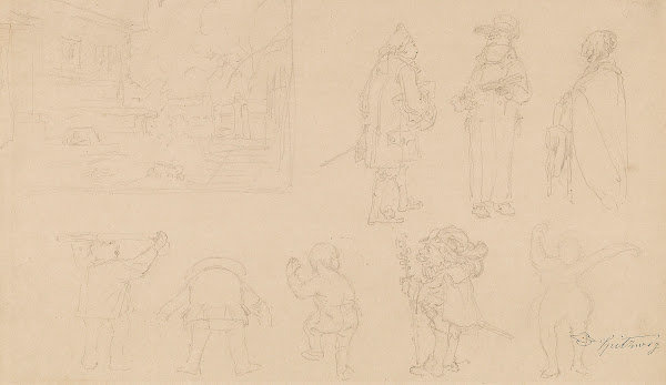 Skizzenblatt mit 8 Figurenskizzen darunter Gnome sowie Gartenkomposition mit Tor