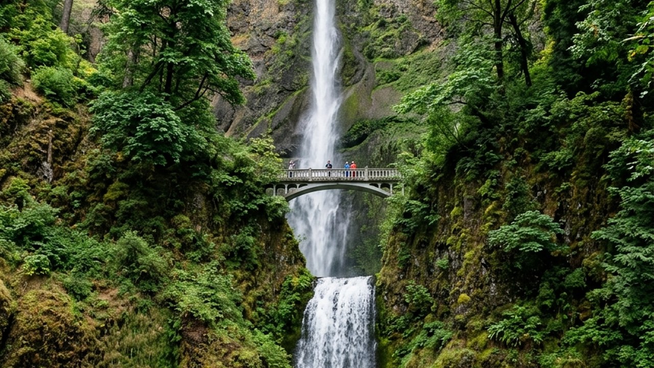 Multnomah Falls double-tier waterfall in Columbia River Gorge Oregon