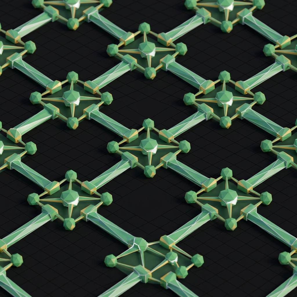 Minimalist low poly 3D visualization of penny crypto liquidity on a dark grid with green and gold nodes and flowing channels forming pools full frame