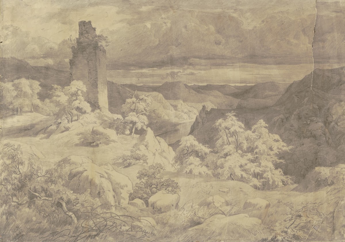 Hügelige Landschaft mit einer Turmruine 1842