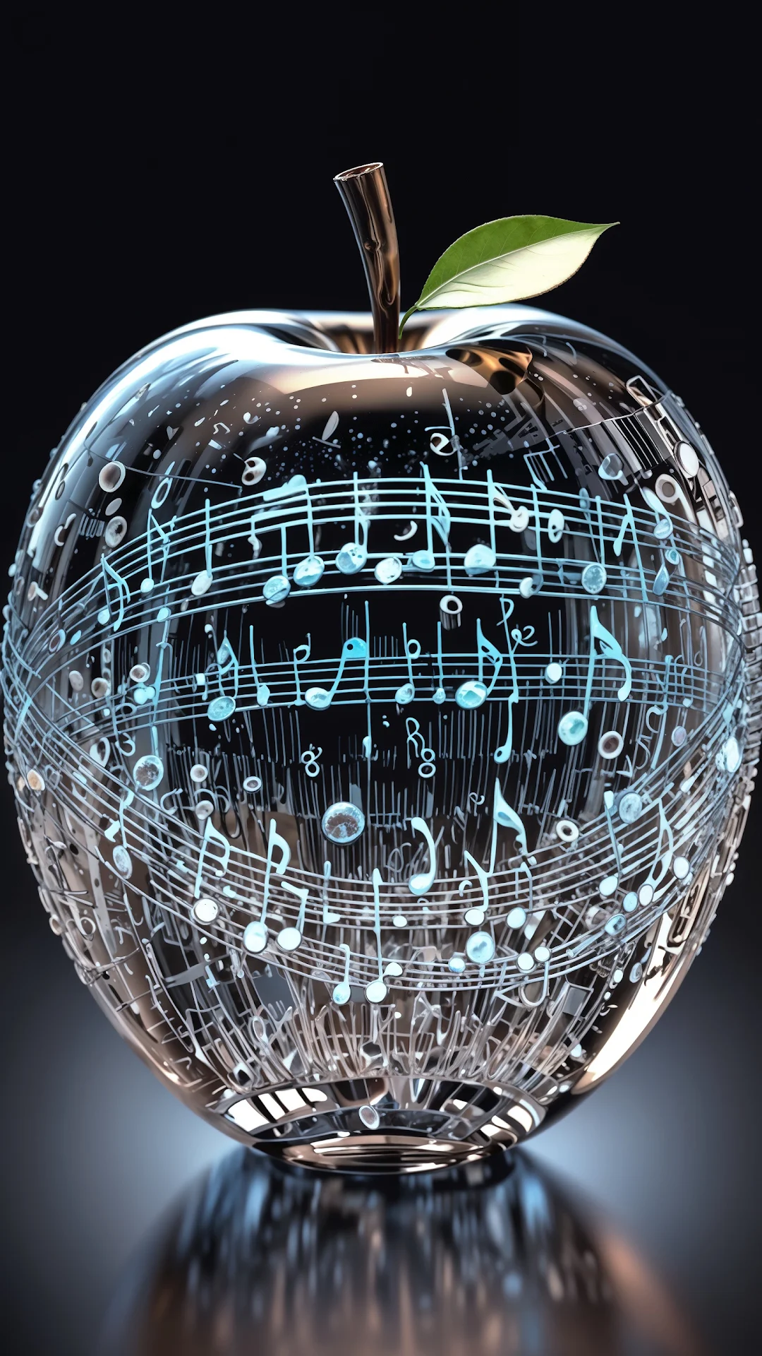 Glass Apple with Glowing Blue Music Notes - Free 4K mobile Wallpaper