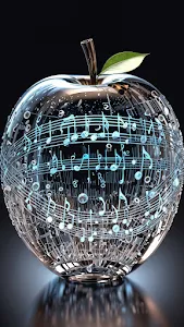 Glass Apple with Glowing Blue Music Notes