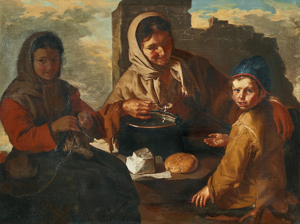 A girl knitting and a woman feeding a child