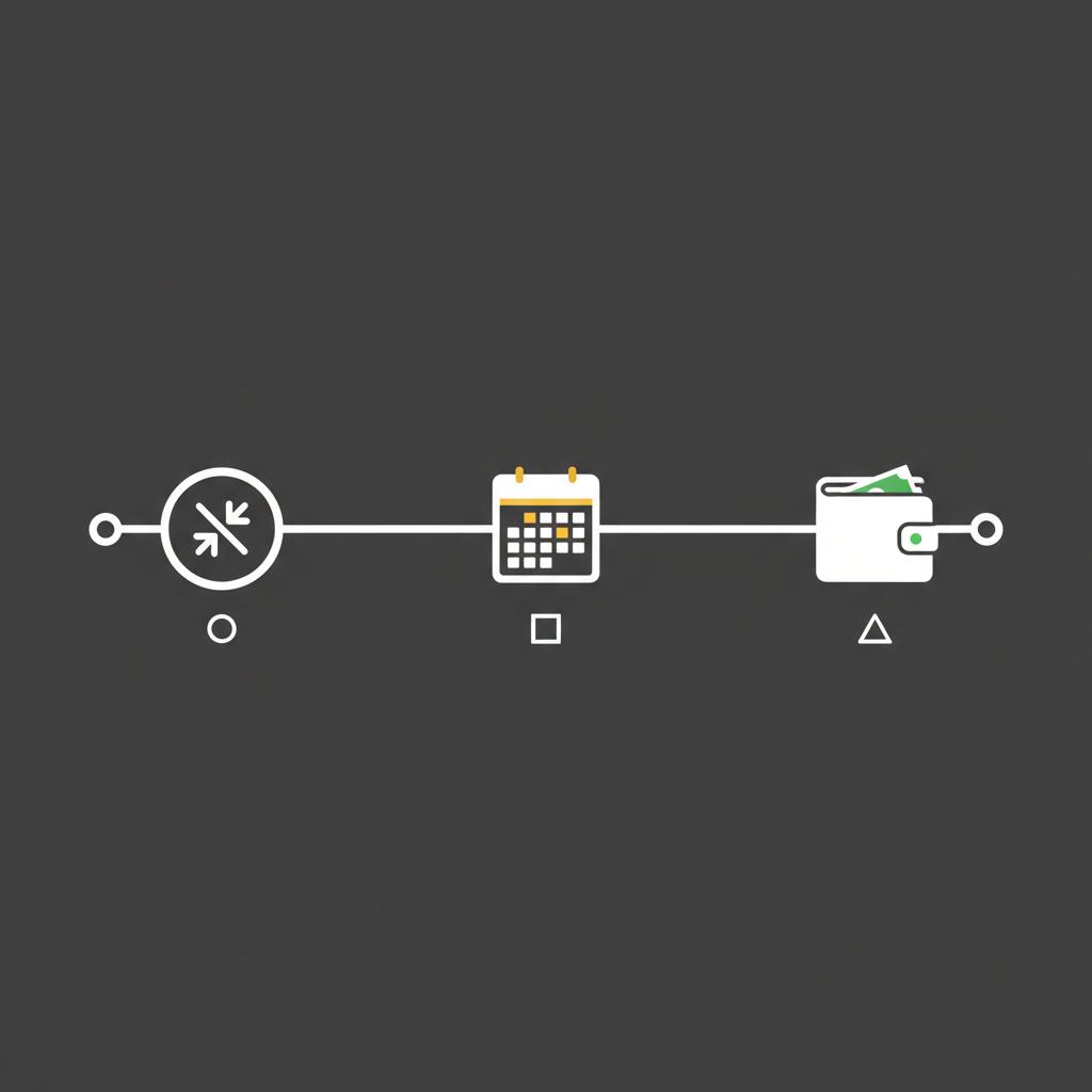 Minimalist 2D vector timeline showing trade execution to T plus 1 settlement to funds available using Finance Police brand colors basic of shares