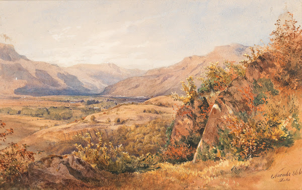 A blooming landscape presumably in the Adige valley Etschtal near Bolzano 1866
