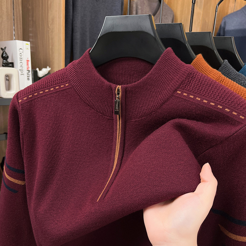 Men's knitted sweater with zipper and stand-up collar