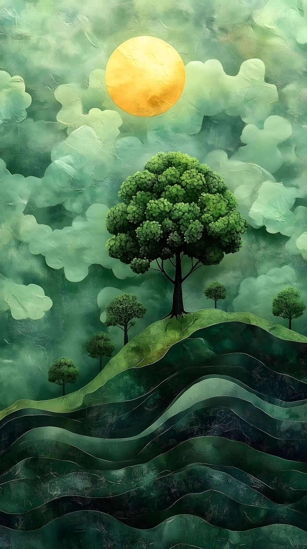 Textured Green Landscape with Layered Hills and Sun - Free 4K mobile Wallpaper