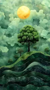 Textured Green Landscape with Layered Hills and Sun