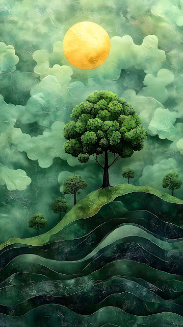 Textured Green Landscape with Layered Hills and Sun - Free mobile Wallpaper