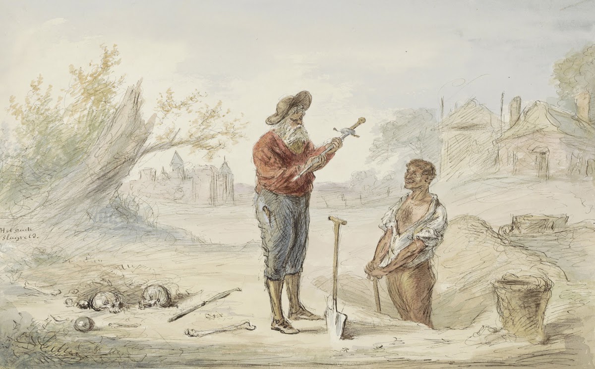 Man die een zwaard opgraaft op een oud slagveld c 1854   c 1887