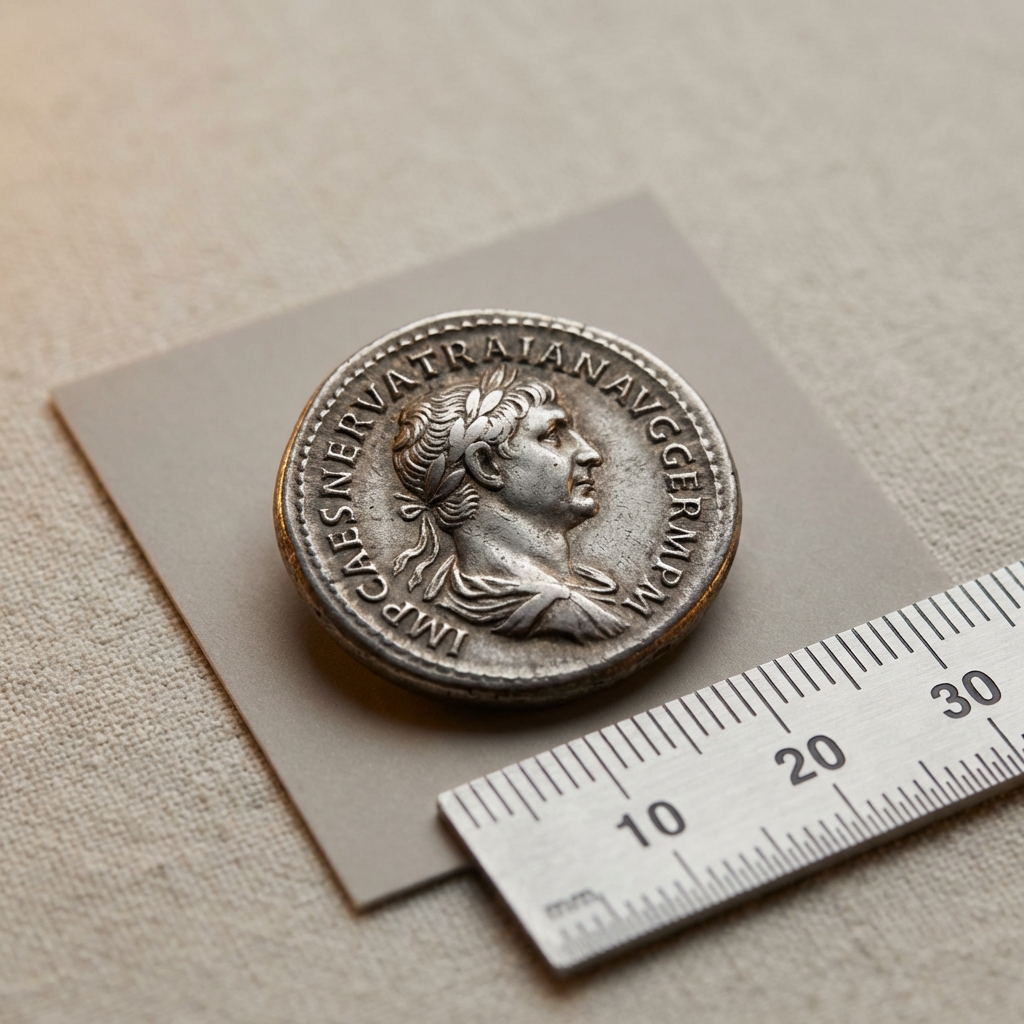 High detail portrait and legend of a high grade silver Roman coin on a neutral beige background with a small ruler for scale in a minimal Aurora Antiqua style roman coin jewelry
