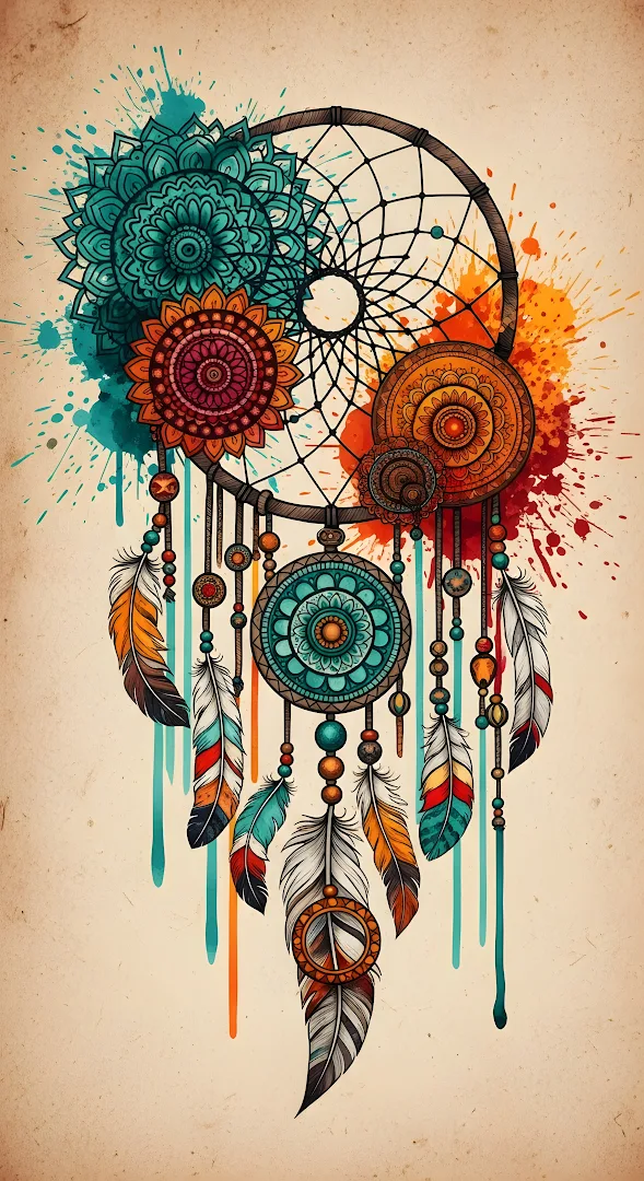 Bohemian Dreamcatcher Mandala Watercolor Splatters