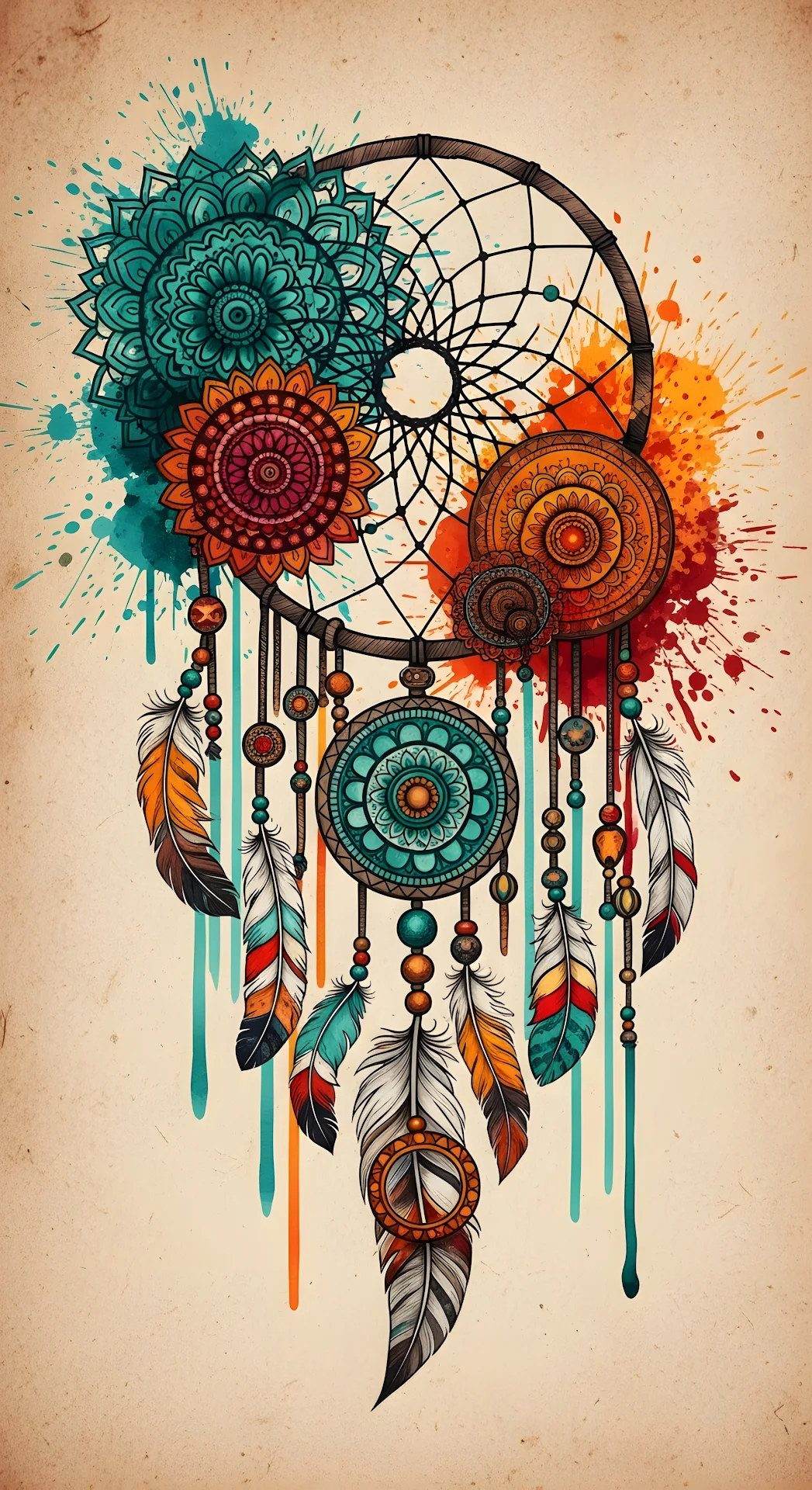 Bohemian Dreamcatcher Mandala Watercolor Splatters - Free 4K mobile Wallpaper