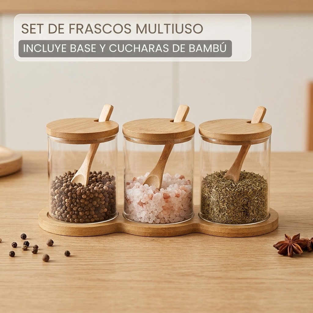 Set de 3 frascos de vidrio con base de bambú y cuchara
