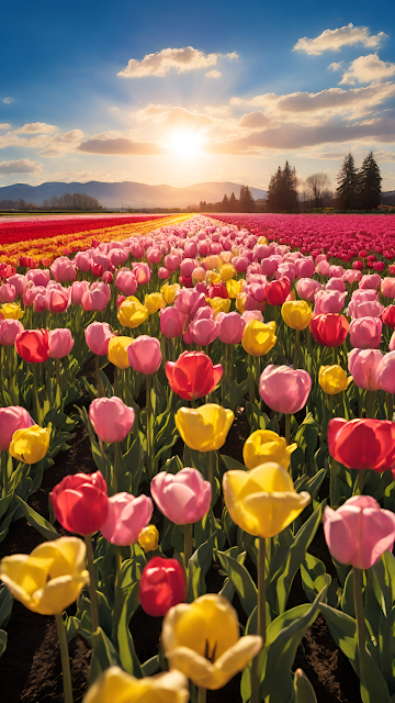 Vibrant Tulip Field Sunset Landscape Spring Bloom
