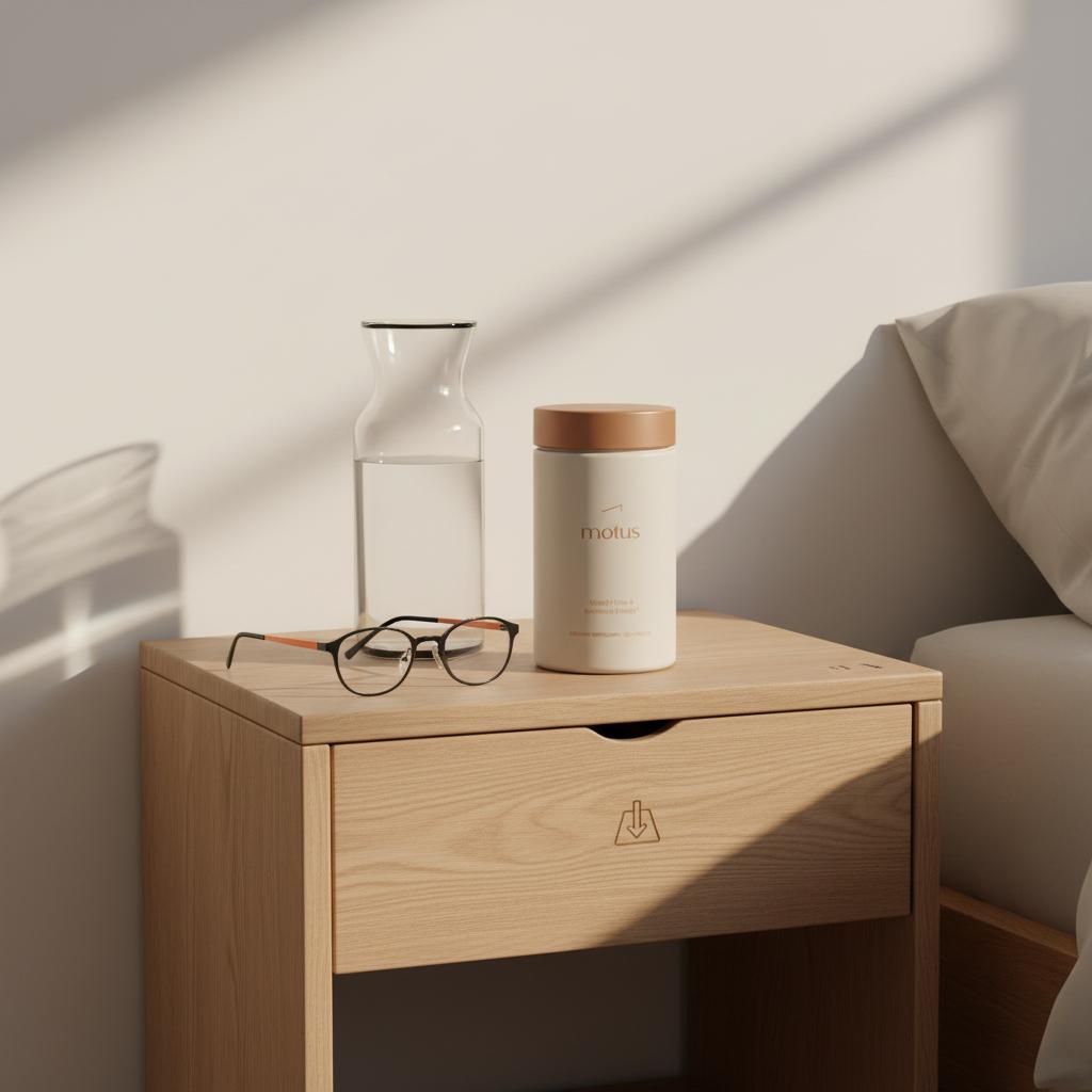 Motus supplement bottle on a bedside table with a water carafe and reading glasses in a minimalist morning scene, promoting leptin supplements and a daily weight-loss routine.