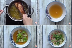 Cách làm thịt ba chỉ chiên giòn: Đem chiên thịt ngập dầu, sau đó cắt miếng vừa ăn. Pha nước chấm thịt ba chỉ chiên giòn: pha 50ml nước mắm với 6 muỗng cà phê đường, nước cốt 1/2 quả chanh. Sau đó, thêm 1 củ tỏi băm, 5 trái ớt băm (tuỳ theo khẩu vị của gia đình). Tiếp theo, cho 1 quả chanh cắt múi vào cùng 1 củ sả băm, 1 muỗng canh mè trắng rang, 1 ít ngò rí vào khuấy đều.