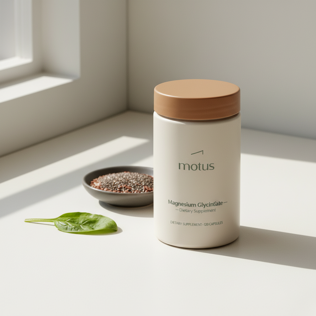 Tonum supplement bottle labeled magnesium glycinate on a smooth white surface with leafy greens and a small dish of seeds, minimalist wellness and weight-loss scene.