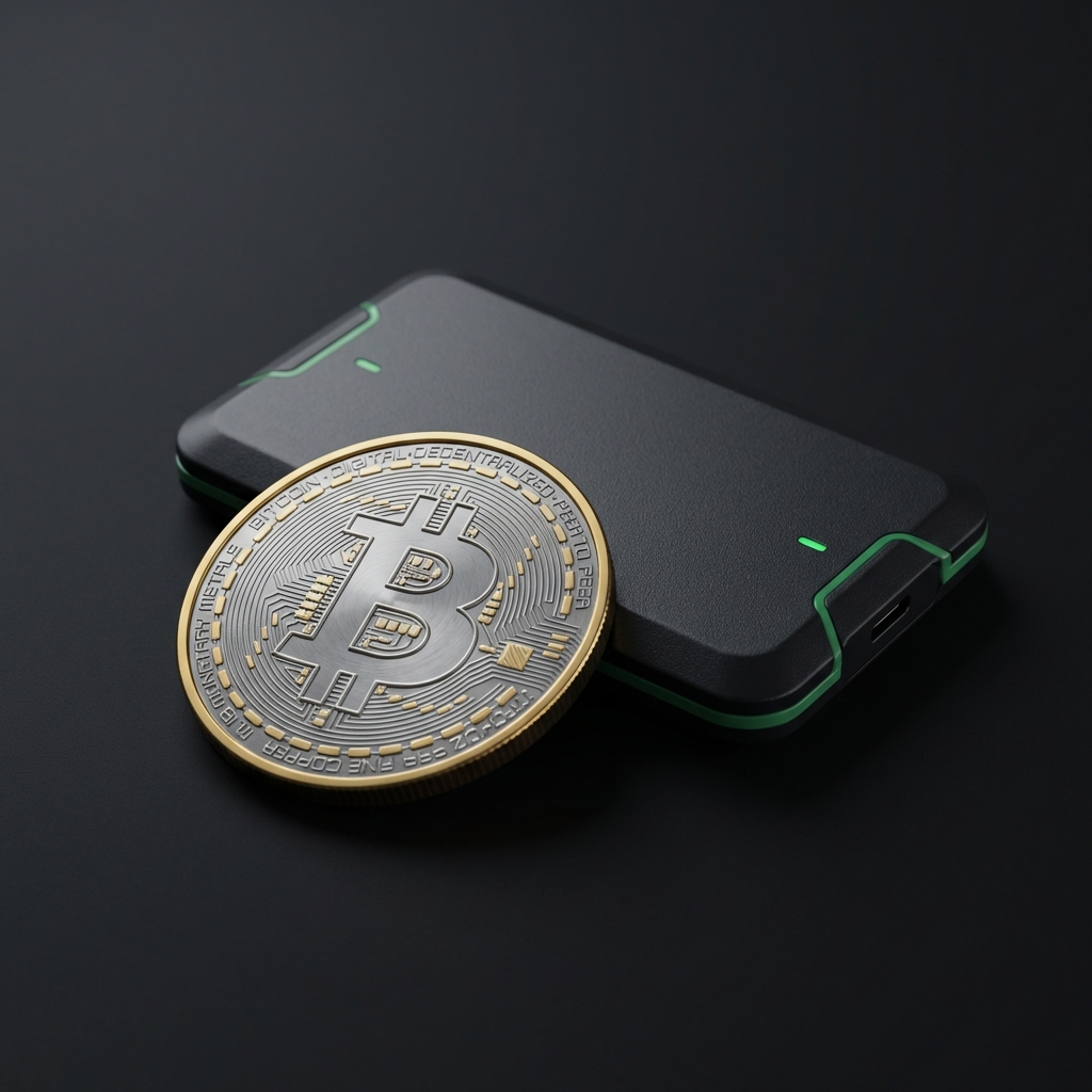 Photoreal close up of a cryptocurrency coin and a hardware wallet on a dark matte background with green and gold brand accents best cryptocurrency to invest in